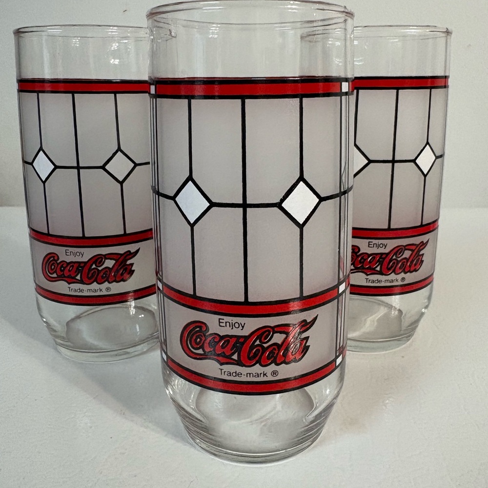 Coca Cola Clear Glasses with Red, Black & White Geometric Band - Set of 3